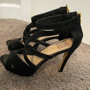 Black strappy heel with gold accents